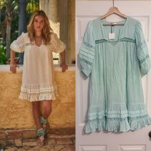 NWT Guadalupe Design Chronos Green Crochet Mini Tiered Ruffle Dress Medium